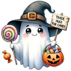 a cartoon ghost holding a sign and candy