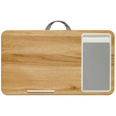 a wooden tray with a cell phone on it and a clipboard attached to the side