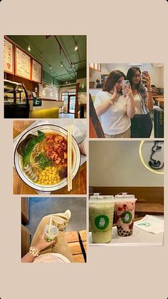 a collage of photos with drinks and food