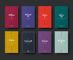 six books with different font and colors on the covers, all in different styles to match