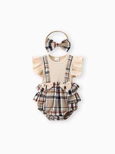 Dress your little girl in this elegantly designed plaid romper set to make her look cute and stylish effortlessly. * Product features: 2pcs ribbed ruffle-sleeve romper and headband set. * Fabric characteristics: Soft and comfortable cotton material. * Piece of product: Elasticized waist with bottom snaps. * Neckline: Flutter sleeve. * Sleeves: Ruffle-sleeves. * Style: Elegant plaid design. * Fit: Suitable for baby girls in various sizes. * Length: One-piece set. * Source of goods: Imported. * Supplier: PatPat. Plaid Romper, One Piece & Sets, Plaid Design, Matching Family Outfits, Family Outfits, Sleeved Romper, Style Elegant, Toddler Outfits, Flutter Sleeve