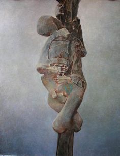 a painting of a person hanging upside down on a pole