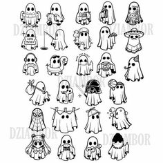 a bunch of halloween ghost characters in black and white, each with different costumes on them