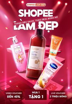 the advertisement for shopee i am dep is shown in red and pink colors