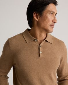 The classic polo sweater - now available in 100% Grade A Mongolian cashmere. We've upgraded it to be smoother, cozier, and more substantial than ever, with less pilling. Perfect for everyday wear - feel free to dress it up for a night out or just lounging around.  | Quince | Men's Mongolian Cashmere Polo Sweater in Teak, Size Small Cashmere Polo Sweater, Cashmere Polo, Mens Cashmere, Polo Sweater, Winter Fits, Quince, Heather Grey, Teak, Night Out