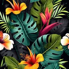 tropical leaves and flowers on a black background with red, orange, yellow and green colors