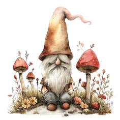 a watercolor painting of a gnome sitting in the grass next to mushrooms and flowers