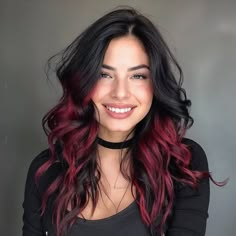 Dark Red To Light Red Ombre, Burgundy Halo Hair, Black Ombre Hair Color, Black And Cherry Red Hair, Cherry Red And Black Hair, Red And Black Hair Color Ideas, Black And Auburn Hair, Black Hair With Red Money Piece, Red To Black Hair