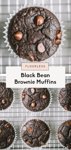 black bean brownie muffins on a cooling rack with the words flourless