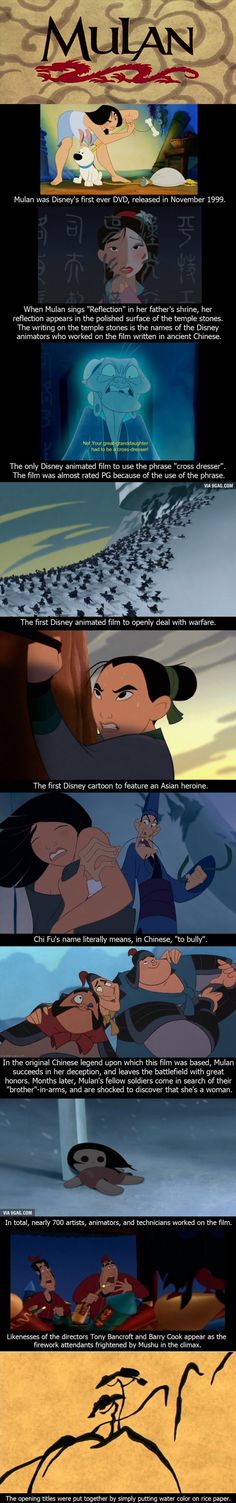 one of these is wrong!! it is not the only disney movie to openly deal with warfare, what about pocahontas??? <<< Maybe it was the first one to? Mulan Movie, Disney Theory, Funny Disney, Flynn Rider, Disney Jokes, Movie Facts, Quotes Disney, Disney Life