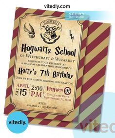 harry potters school birthday party ticket with hogwart's logo on the front