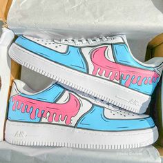 Pink Blue Custom Air Force 1-shecustomize Nike Air Force 1 Orange And Blue, Blue Custom Air Force 1, Shoe Embroidery, Shoe Artwork, Air Force 1 Custom, Custom Air Force 1, Custom Cartoons, Blue Nike, Custom Sneakers