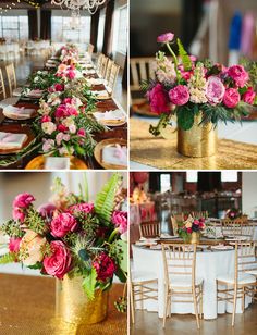 the tables are decorated with pink flowers and greenery in gold vases, along with white linen tablecloths