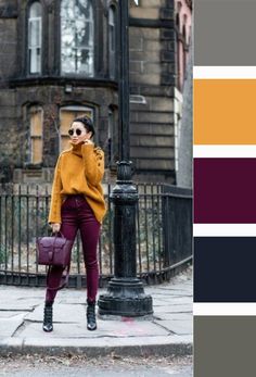 Warm Fall Color Palette Outfits, Dark Autumn Outfits Style, Complementary Colors Fashion, Mustard Turtleneck, Mustard Outfits, Burgundy Outfit