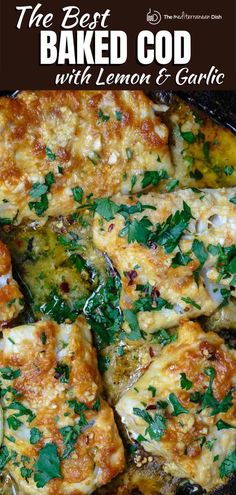 a skillet filled with baked chicken and garnished with cilantro leaves