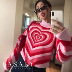 Lasaky - Heat Painted High Neck Pullover Sweater Harajuku Pink, Girls Heart, Winter Knit Sweater, Y2k Sweater, Women Sweaters Winter, Turtle Neck Jumper, Long Sleeve Jumper, Heart Sweater, Striped Turtleneck