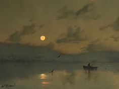 a painting of a man in a boat on the water at night with birds flying around