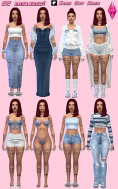 six different images of women in various outfits and clothing, all with tattoos on their stomachs