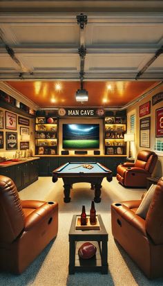 a man cave with couches and a pool table