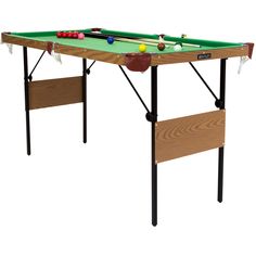 an image of a pool table with balls and cues on it's legs in front of a white background