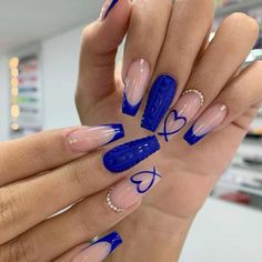 Ballerina Acrylic Nails, Smink Inspiration, Manicure Tips, Coffin Press On Nails, Blue French, Acrylic Nails Coffin Short, Diamond Nails, Fancy Nails