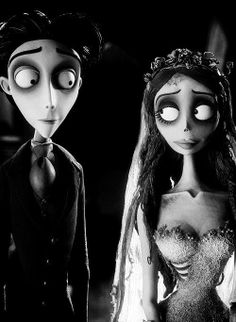 the corpse bride and groom are looking at each other in this black and white photo