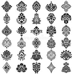 an assortment of black and white ornamental designs