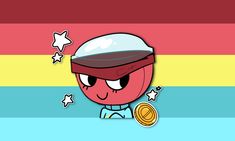 a cartoon character is holding a medal in front of a rainbow colored background with stars