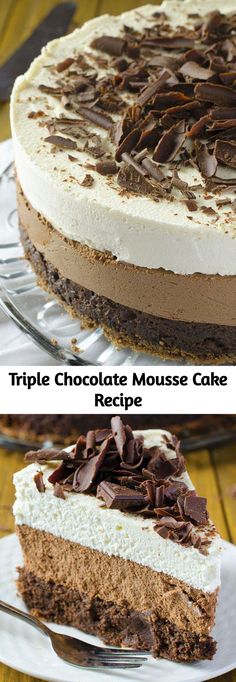 triple chocolate mousse cake recipe on a plate