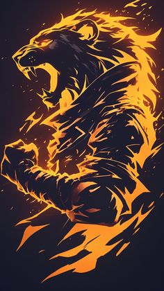 a drawing of a black bear with orange flames