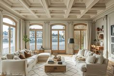 a living room filled with white furniture and lots of windows next to a river view