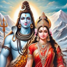 the avatar of lord rama and his wife, sit in front of snow - capped mountains