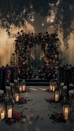 Create a magical atmosphere with Wedding Dark Aesthetic Ceremony Decor! Incorporate Dark Interior Design Modern and elevate your special day with Dark Home Aesthetic. Perfect for those who love Dark House Aesthetic themes. 🌹✨ #DarkInteriorDesignModern #DarkHomeAesthetic #DarkHouseAesthetic Dark Nature Wedding Theme, Dark Castle Wedding Aesthetic, Dark Outdoor Wedding, Dark Romance Wedding Theme, Goth Wedding Aesthetic, Elegant Wedding Color Schemes Classy, Dark Western Wedding, Gothic Romantic Wedding, Dark Interior Design Modern