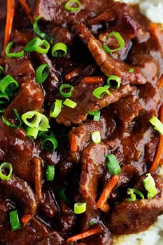 a close up of food on a plate with rice and green onion garnish