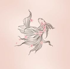 a drawing of a goldfish with pink flowers on its tail