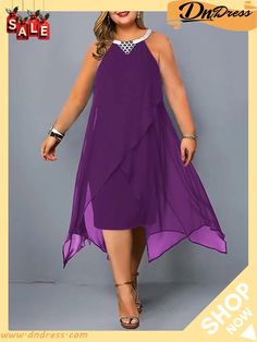 Women Plus Size Curve Party Dress Cocktail Dress Swing Dress Solid Color Midi Dress Sleeveless Asymmetric Crew Neck Fashion Party Black Purple Summer Spring L Xl Xxl 3xl 4xl Evening Dresses Elegant Midi Plus Size, Plus Size Party Dresses, Elegant Embroidery, Dress Women Elegant, Evening Dresses Plus Size, Swimsuit Dress, Summer Blue, Halterneck Dress, Evening Party Dress