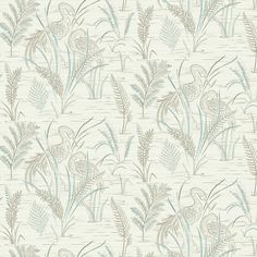 a blue and white wallpaper with plants on it