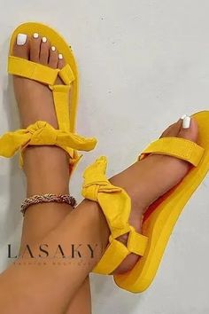 Lasaky - Chic Womens Flat Sandals Featuring Convenient Magic Tape Closure and Elegant Bow Accents Colorful Sandals, Bow Sandals, Pu Heels, Yellow Shoes, Bow Shoes, Cute Sandals, Casual Lace, Womens Sandals Flat, Casual Flats