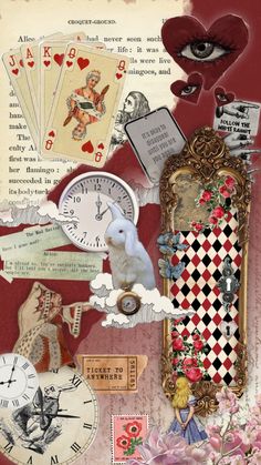 altered collage with clock, cards and other items