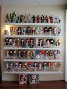 there are many dolls on the shelves in this room, all lined up and ready to be displayed