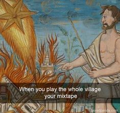 a painting with a man holding a star above it and the words when you play the whole village, your mixture