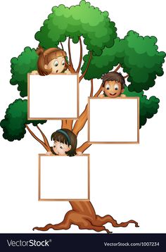 the three kids hanging on the tree with empty signage boards in front of their faces