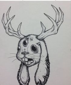 a drawing of a rabbit with antlers on it's head and tongue sticking out