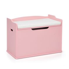 a pink toy chest with a white cushion