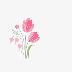 some pink flowers on a white background with lots of hearts in the corner and one flower is blooming