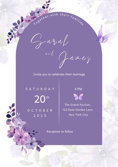 a wedding card with purple flowers and butterflies on the front, in an oval frame