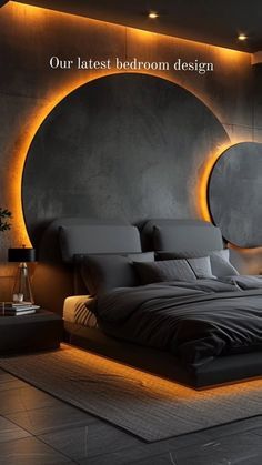 a bed room with a neatly made bed and a round mirror on the wall above it