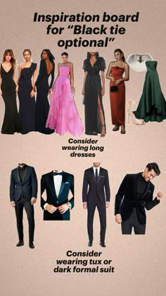 a poster with different types of dresses and men in formal wear, including tuxedos