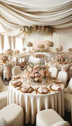 an elegant wedding reception with white and pink flowers