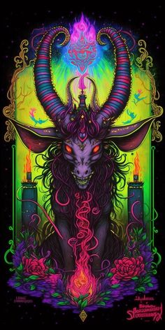 an image of a horned animal with horns and flowers on it's head, in front of a neon background